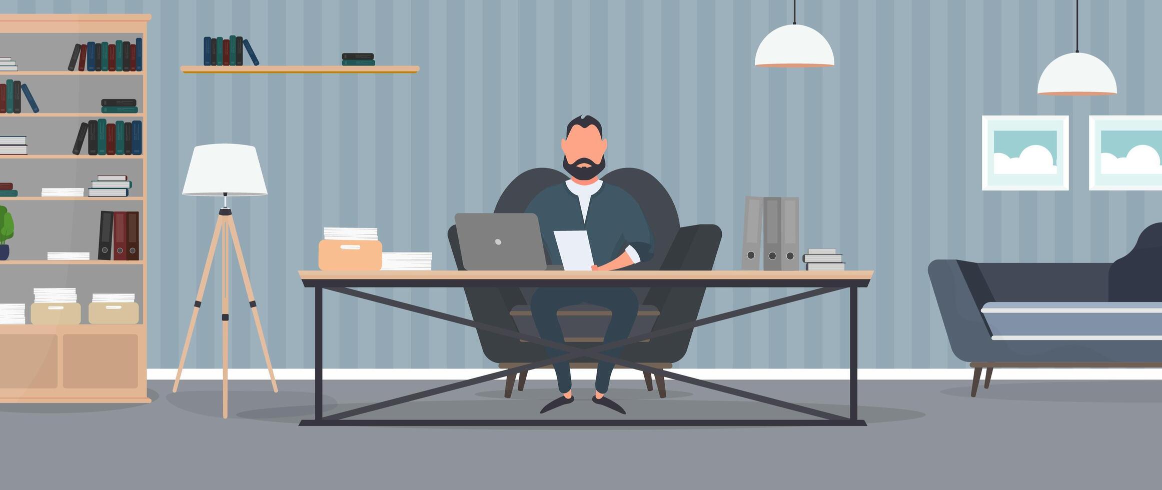 A businessman is working on a laptop in his office. Director's workplace. Laptop, documents, books, loft-style table. Vector. vector