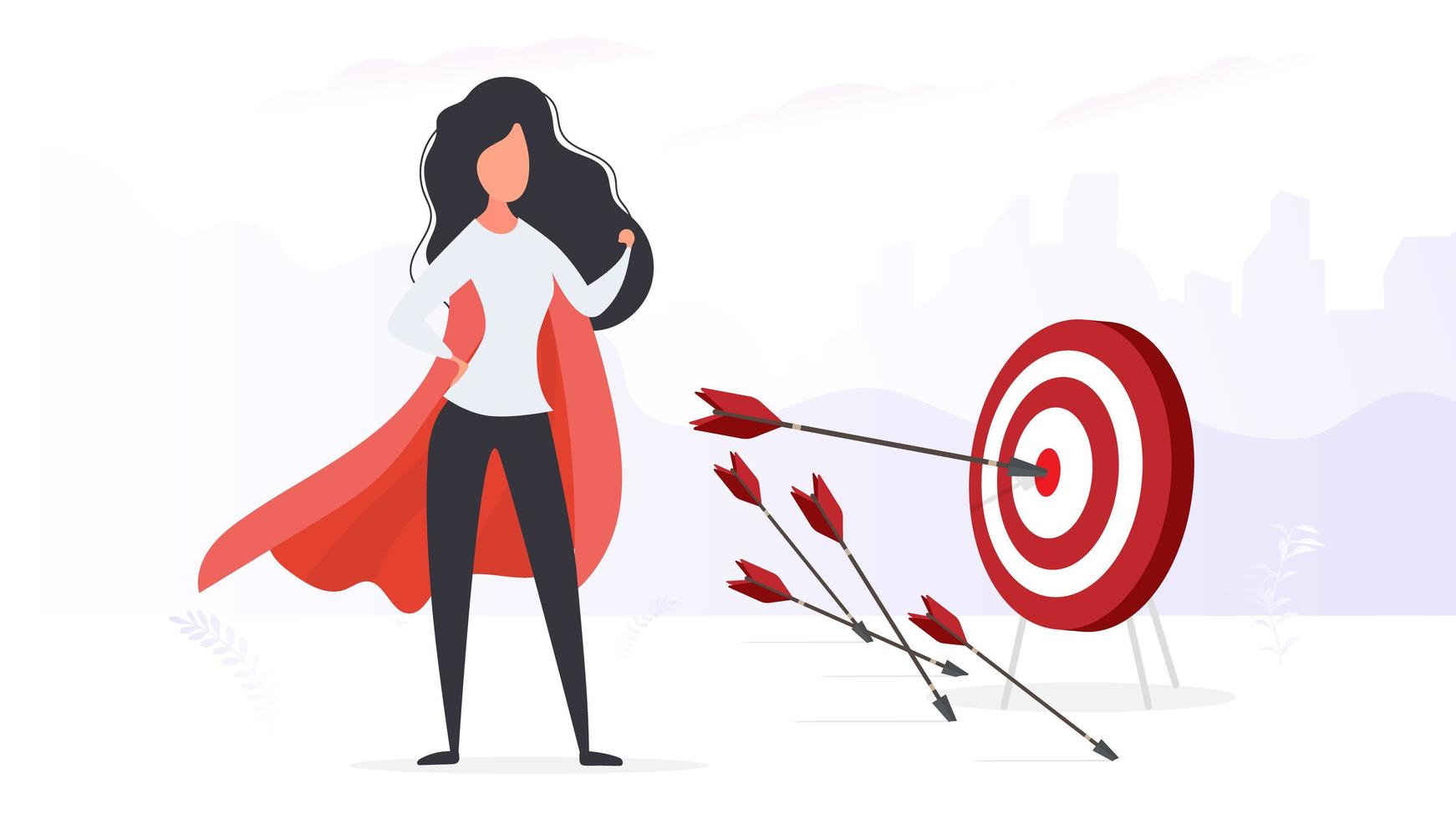 The girl with the red cloak hits the target. Big target. An arrow hitting the center of the target. Superhero woman. Vector. vector