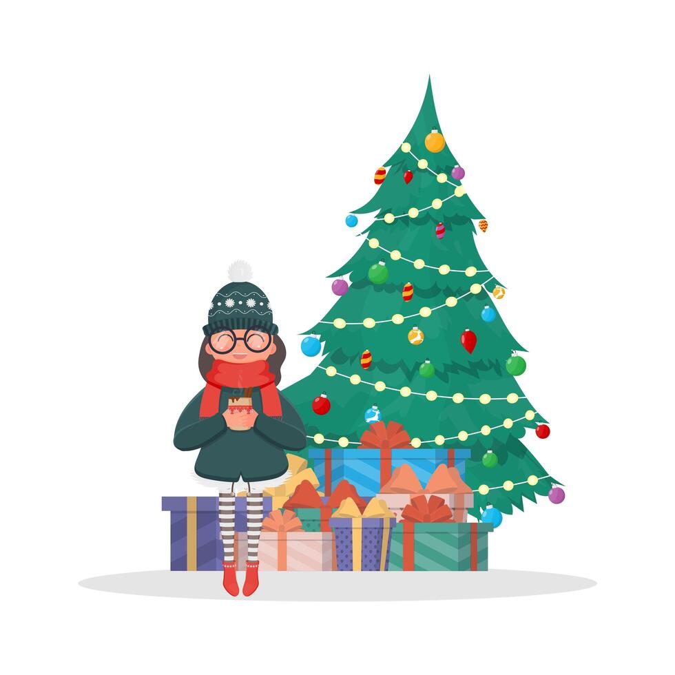 A girl in a snowy forest drinks a hot drink on the background of a pine tree and gifts. A woman in warm winter clothes holds a cup in her hands. Isolated. Vector