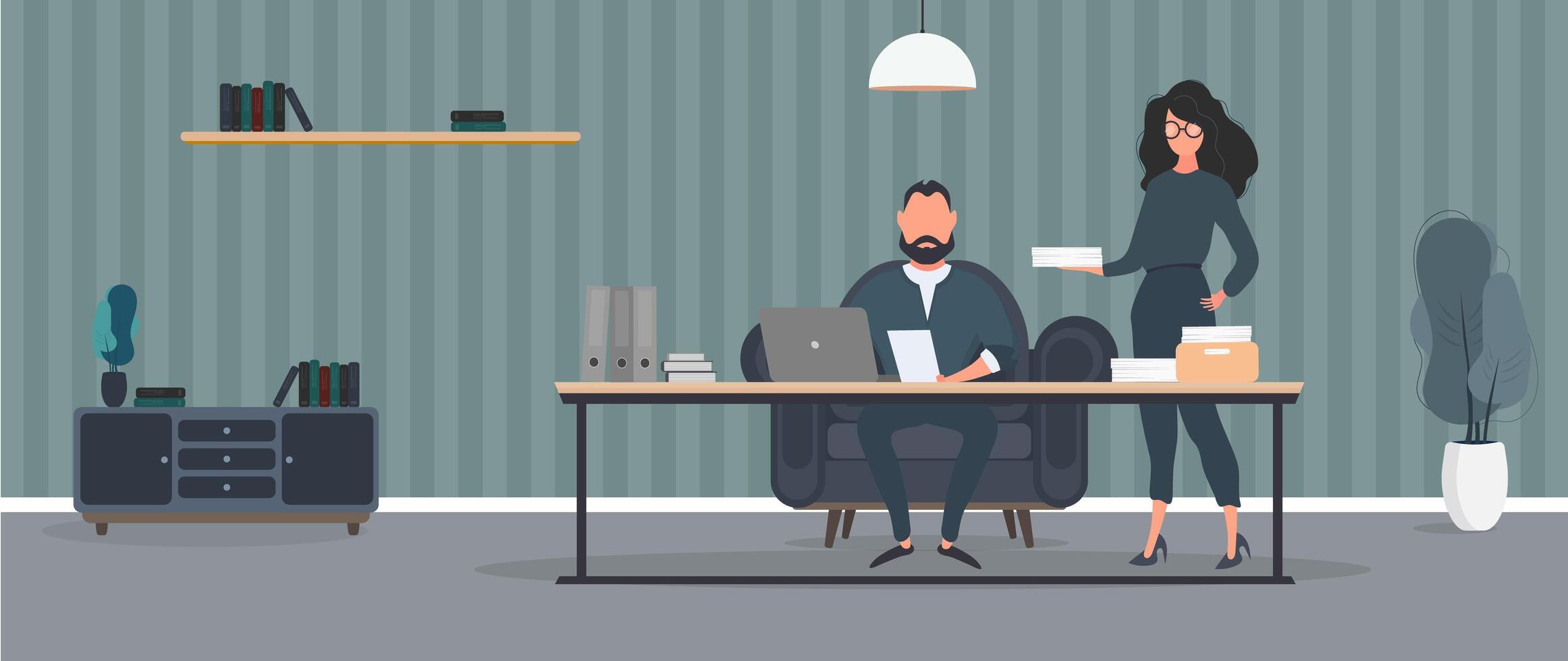The girl brings the documents to the boss. Businessman working on laptop. Director's workplace. Laptop, documents, books, loft-style table. Vector. vector