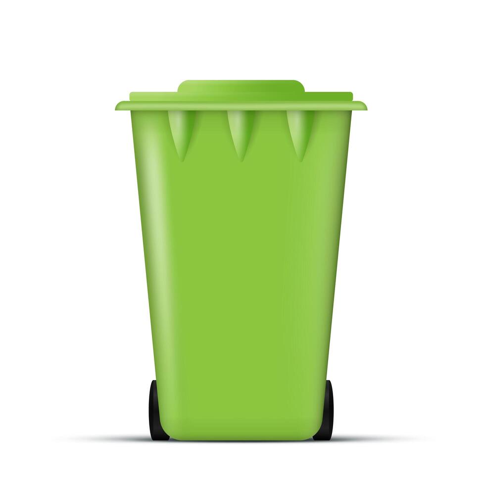 Realistic green trash can. Waste bin with lid and wheels. Eco concept