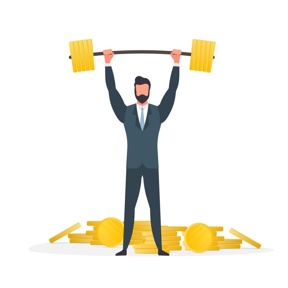 A businessman stands with a mountain of coins and raises the barbell. A man in a suit with a