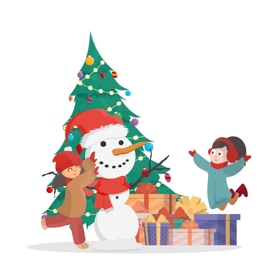 niños esculpiendo un muñeco de nieve en el fondo de un árbol de Navidad y  regalos.