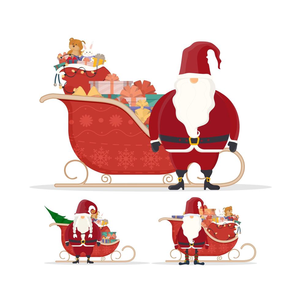 Santa claus with red sleds. Sleds, gifts, new year and christmas concept. Vector illustration isolated on white background. Cartoon style design. Set.