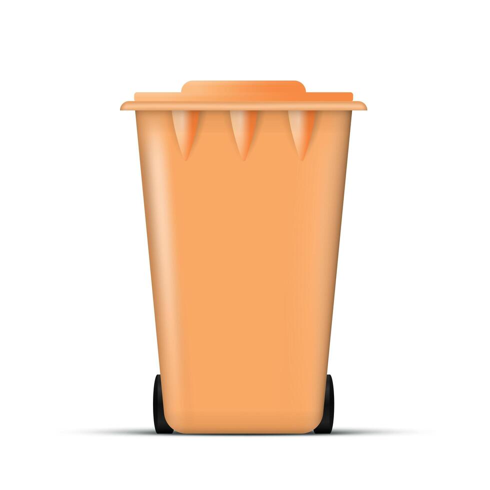 Realistic orange trash can. Waste bin with lid and wheels. Eco concept. Vector. vector