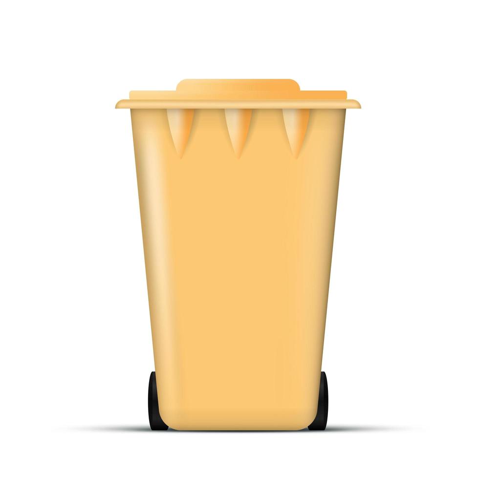 Realistic orange trash can. Waste bin with lid and wheels. Eco concept. Vector. vector