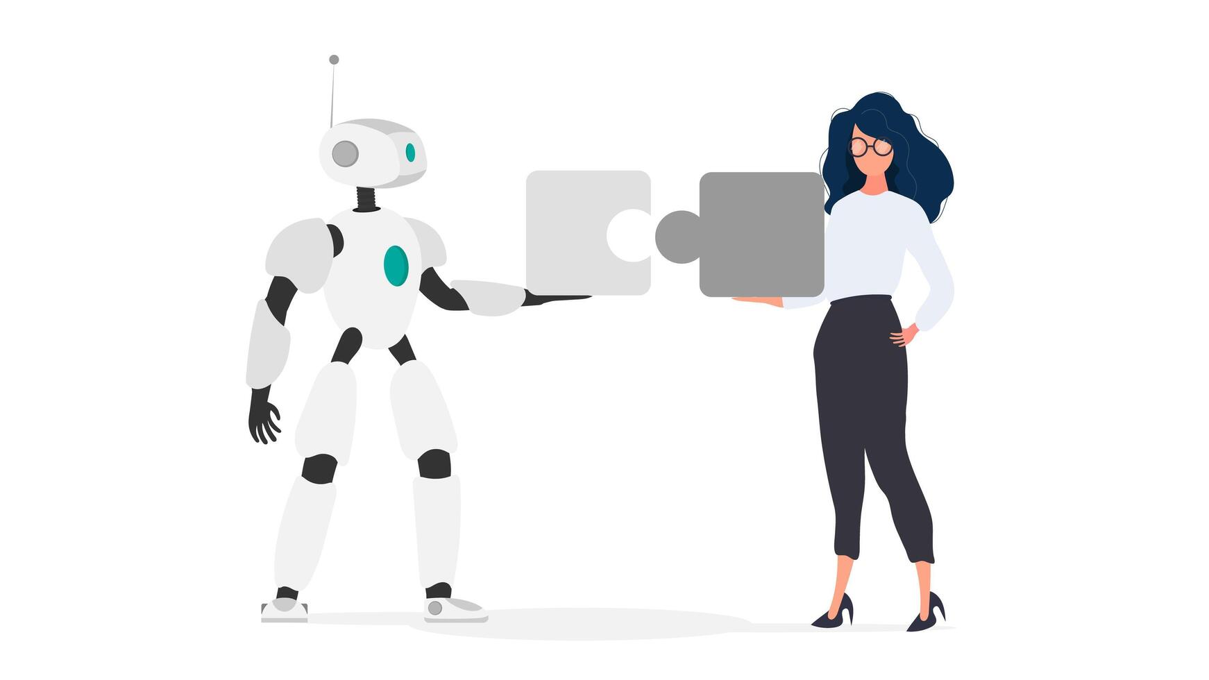The girl and the robot are holding puzzle pieces. Teamwork concept. vector