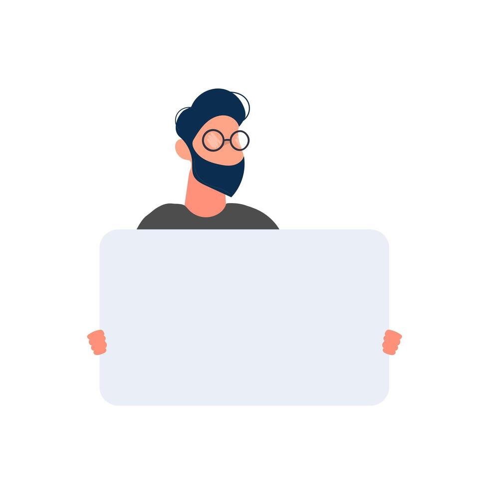 The guy with the glasses. Blank poster with place for text. Young male holding a clean banner isolated on a white background. The teenage guy shows the poster. . vector
