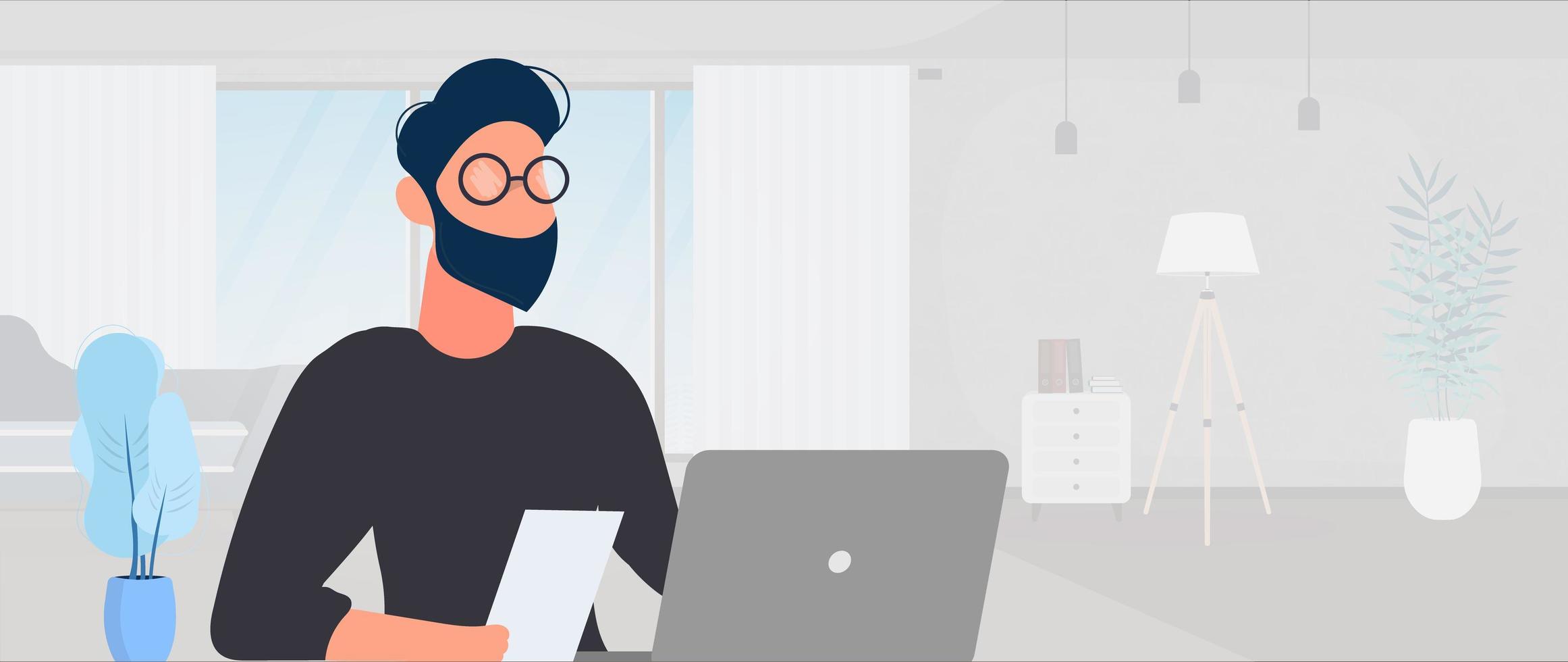 un tipo con gafas se sienta en una mesa en su oficina. un hombre trabaja en una computadora portátil. oficina, estantería, hombre de negocios, lámpara de pie. concepto de trabajo de oficina. vector. vector