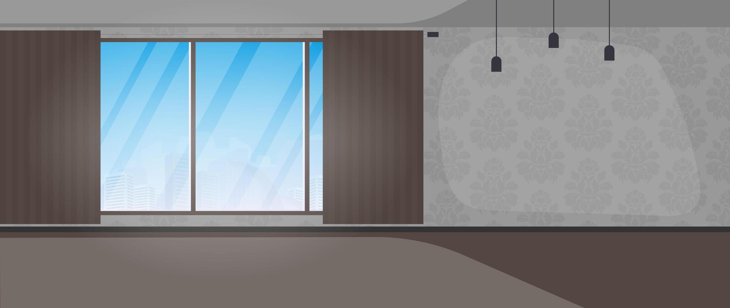 Empty room with a large panoramic window. A room with monograms on the