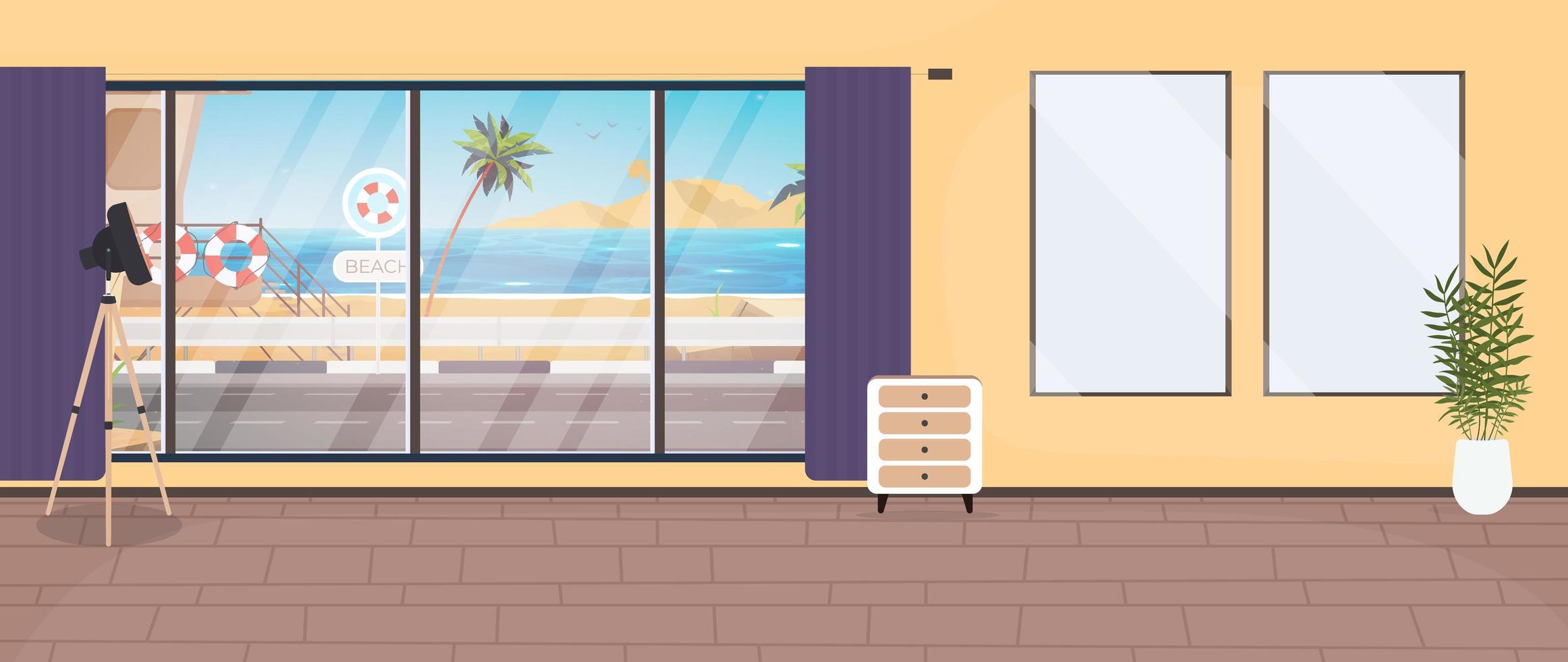 A room with a large panoramic window overlooking the sea. Cartoon style, vector illustration.