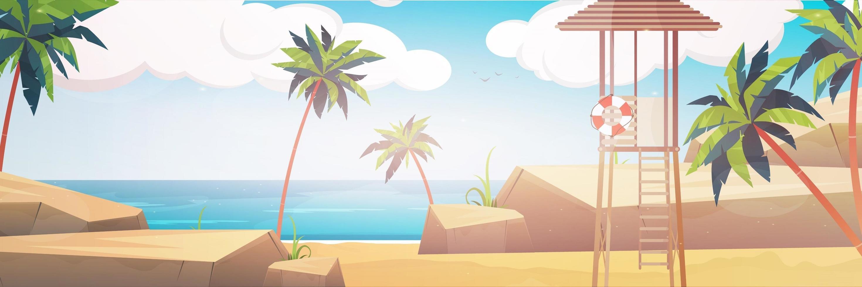 Hermoso paisaje de playa tropical junto al mar de verano con palmeras y silueta montañas banner horizontal vector