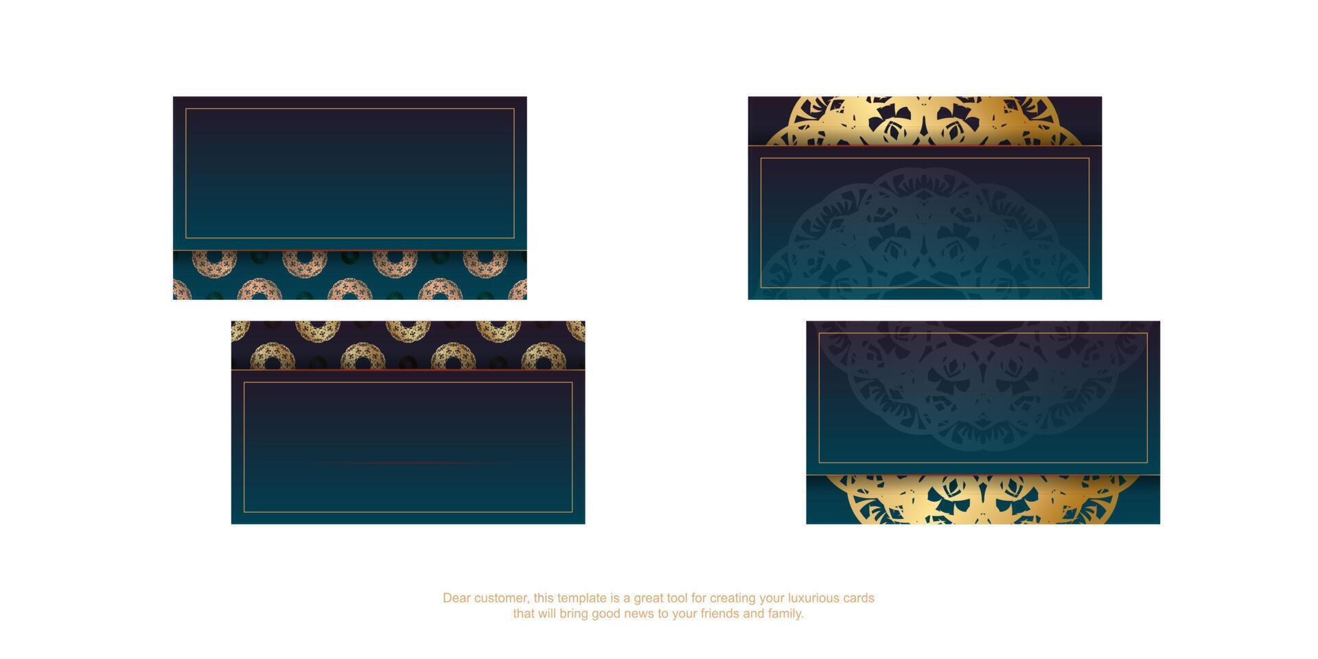 Blue gradient business card with mandala gold pattern for your contacts. vector