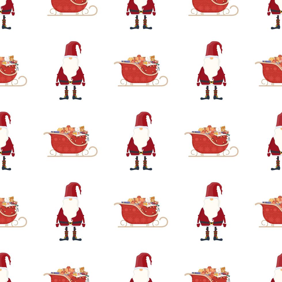 Seamless pattern with red sledges and santa claus. Festive pattern. Suitable for postcards, books and posters. Vector illustration.