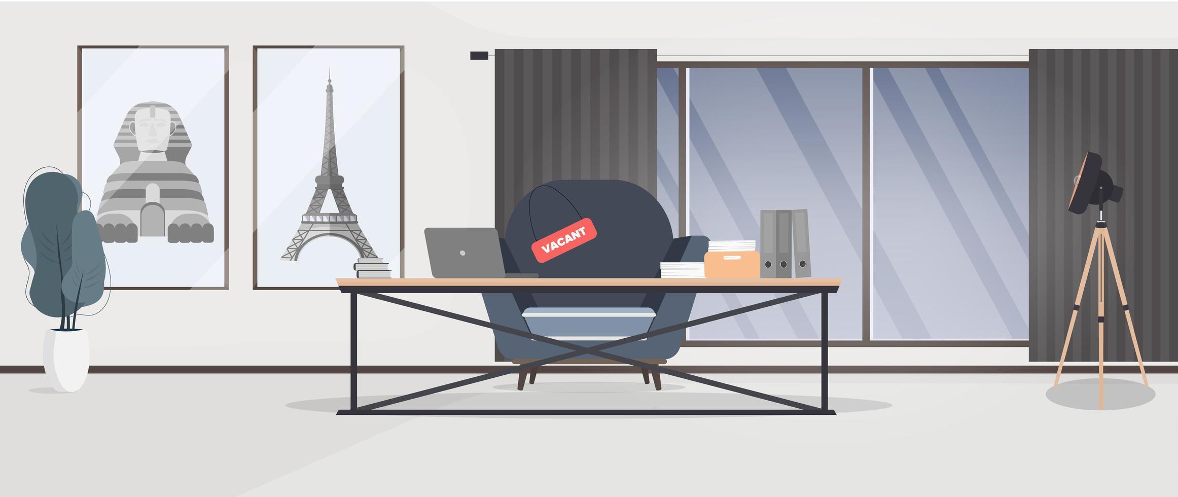 Vacant place banner. Search for a leader. Loft style table. Workplace, books, documents, laptop. Vector. vector