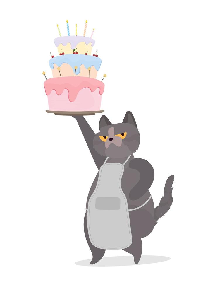 gato gracioso sostiene una magdalena festiva. dulces con crema, muffin, postre festivo, confitería. bueno para tarjetas, camisetas y pegatinas. estilo plano. vector. vector