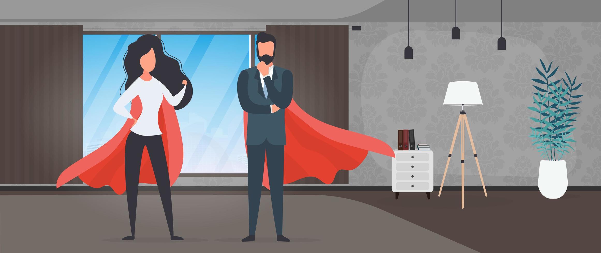 Girl and guy with a red raincoat. Woman and man superhero. The concept of a successful person, business or family. Vector. vector