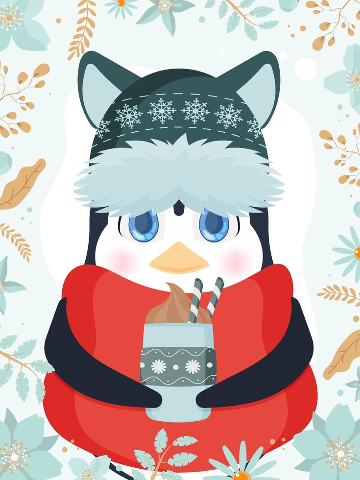 A little cute penguin in a winter hat and a scarf holds a hot drink in his hands. Knitted hat, red scarf, winter drink, coffee or latte. Vector