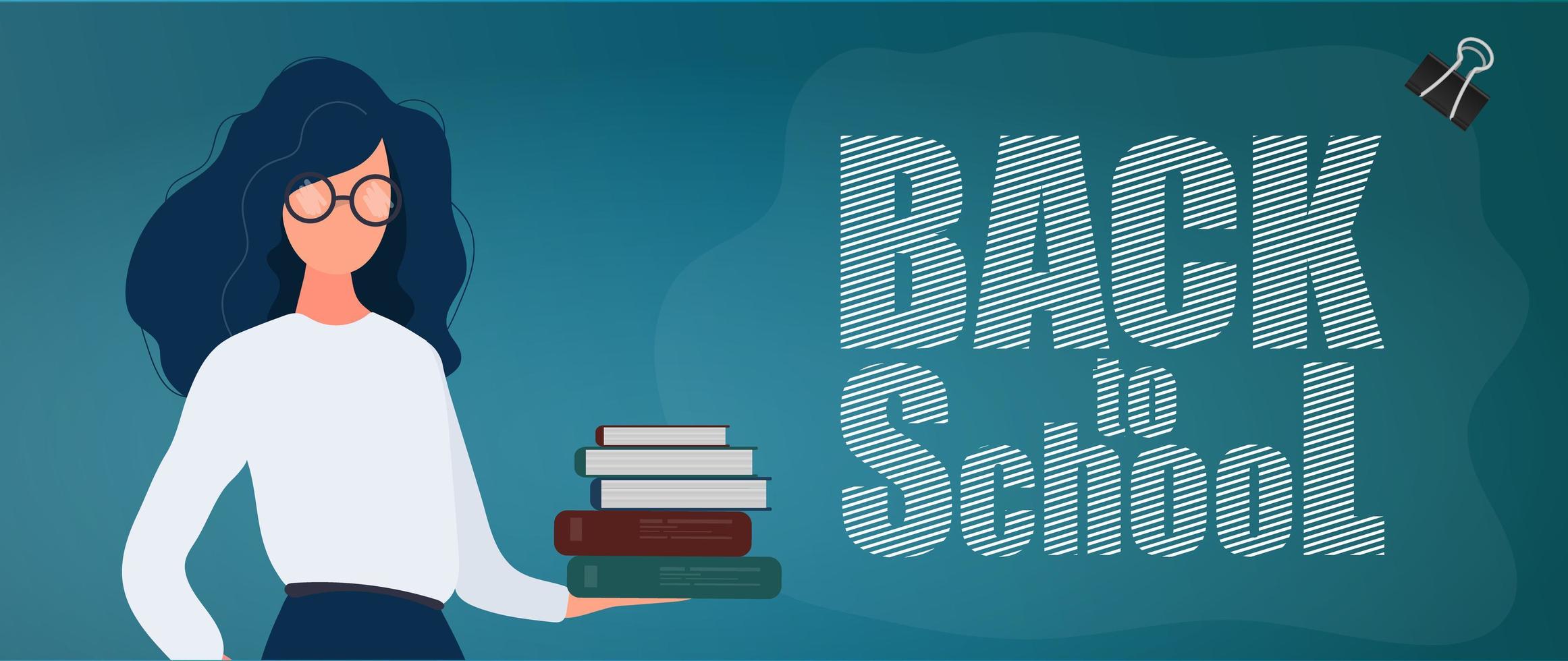 Back to school banner. A girl with glasses holds a stack of books. Stationery, leather scabbard, pens, pencils, felt-tip pens, rulers. Concept for the start of the school season. Vector. vector