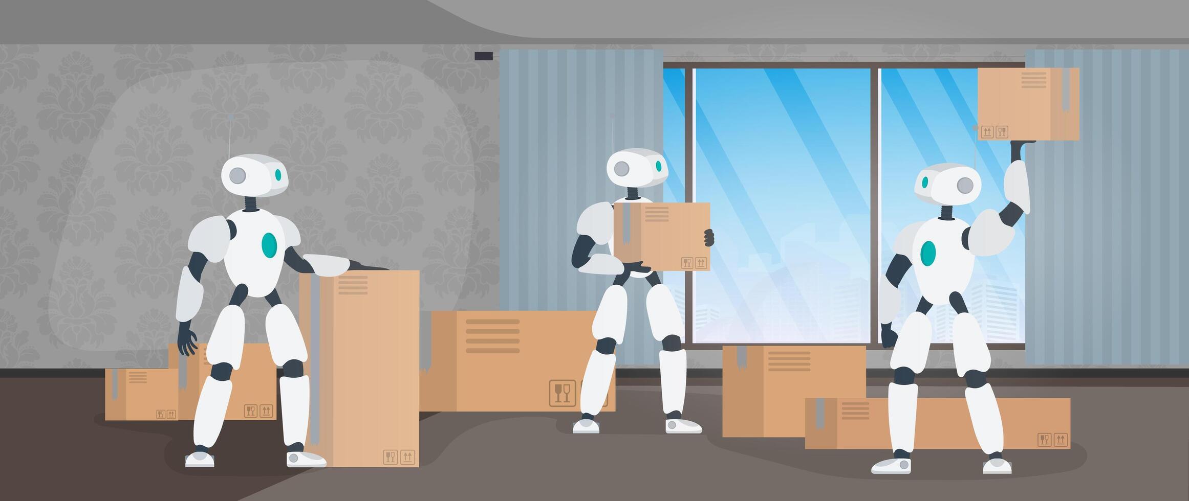 banner de mudanza a casa. mudarse a un nuevo lugar. un robot blanco sostiene una caja. cajas de cartón. el concepto de futuro, entrega y carga de mercancías mediante robots. vector. vector