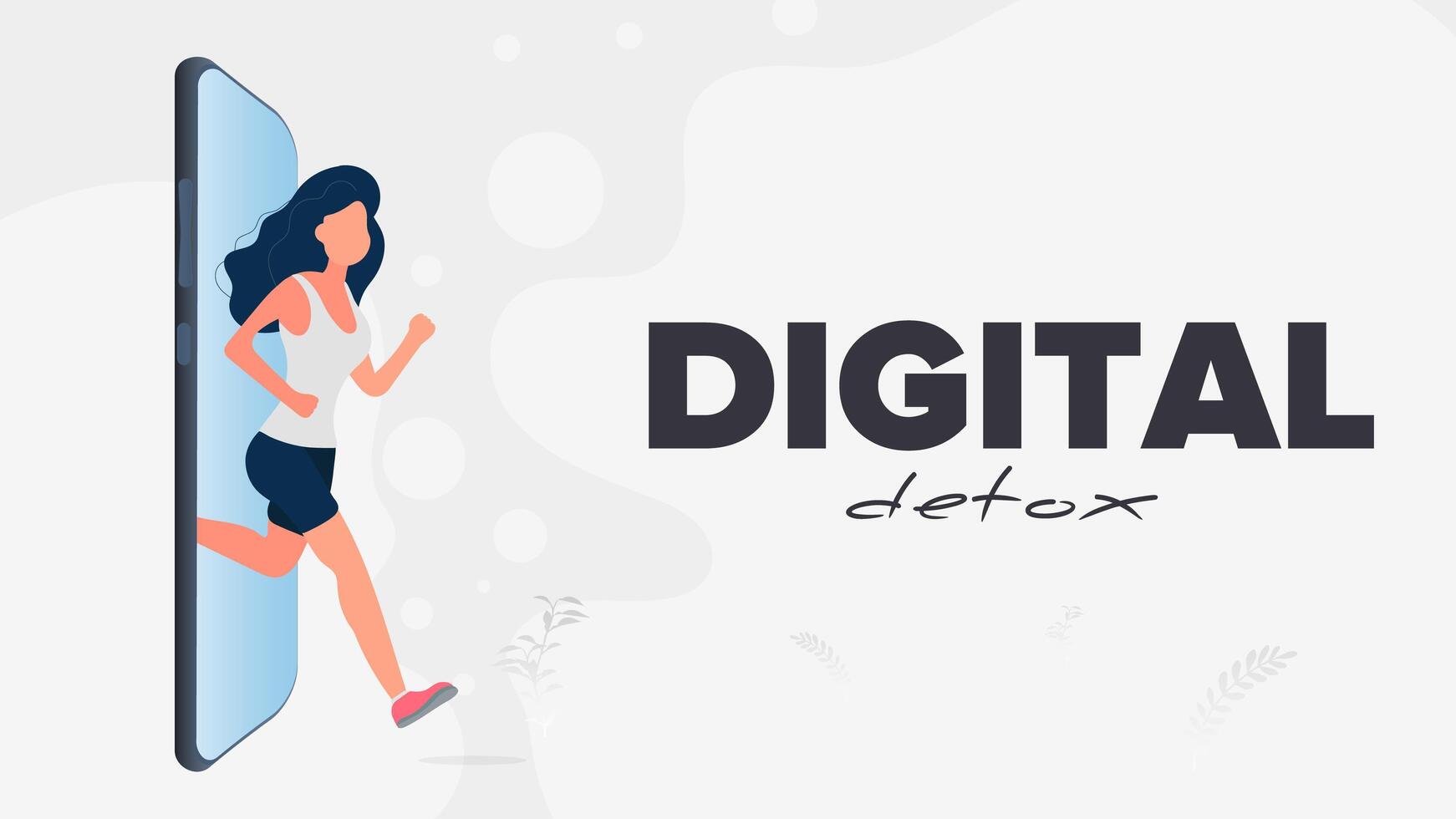 Digital detox banner. The girl runs out of the smartphone. The concept of banning devices, device free zone, digital detox. . vector