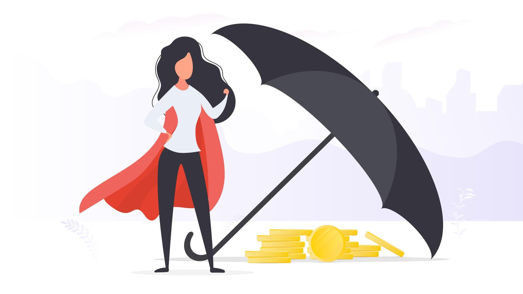 Girl with a red cloak. The umbrella covers a mountain of gold coins. Business and finance safety concept. . vector