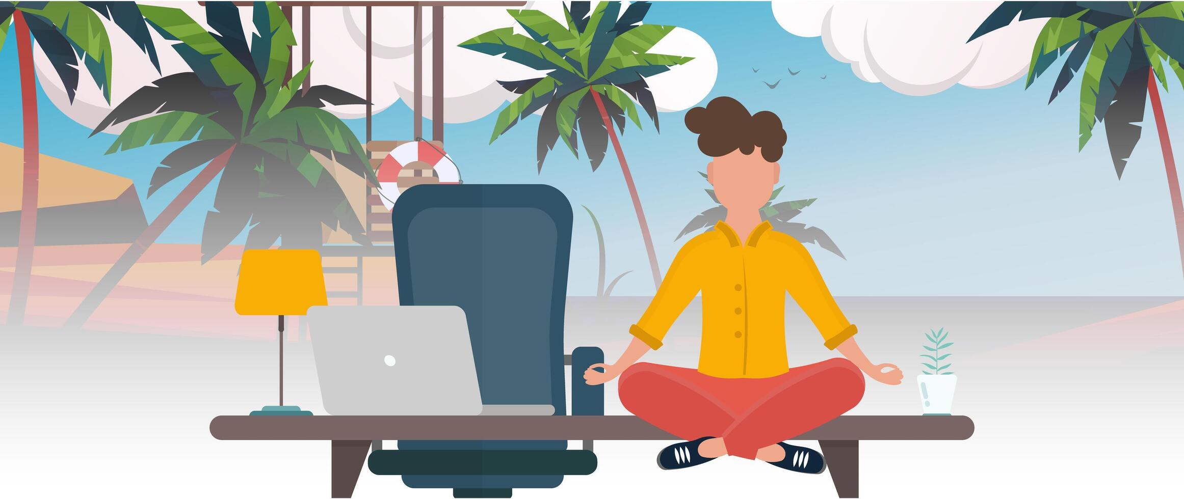 A man sits at an office table and dreams of the sea. Office with a sea view. The concept of rest while working. Vector. vector