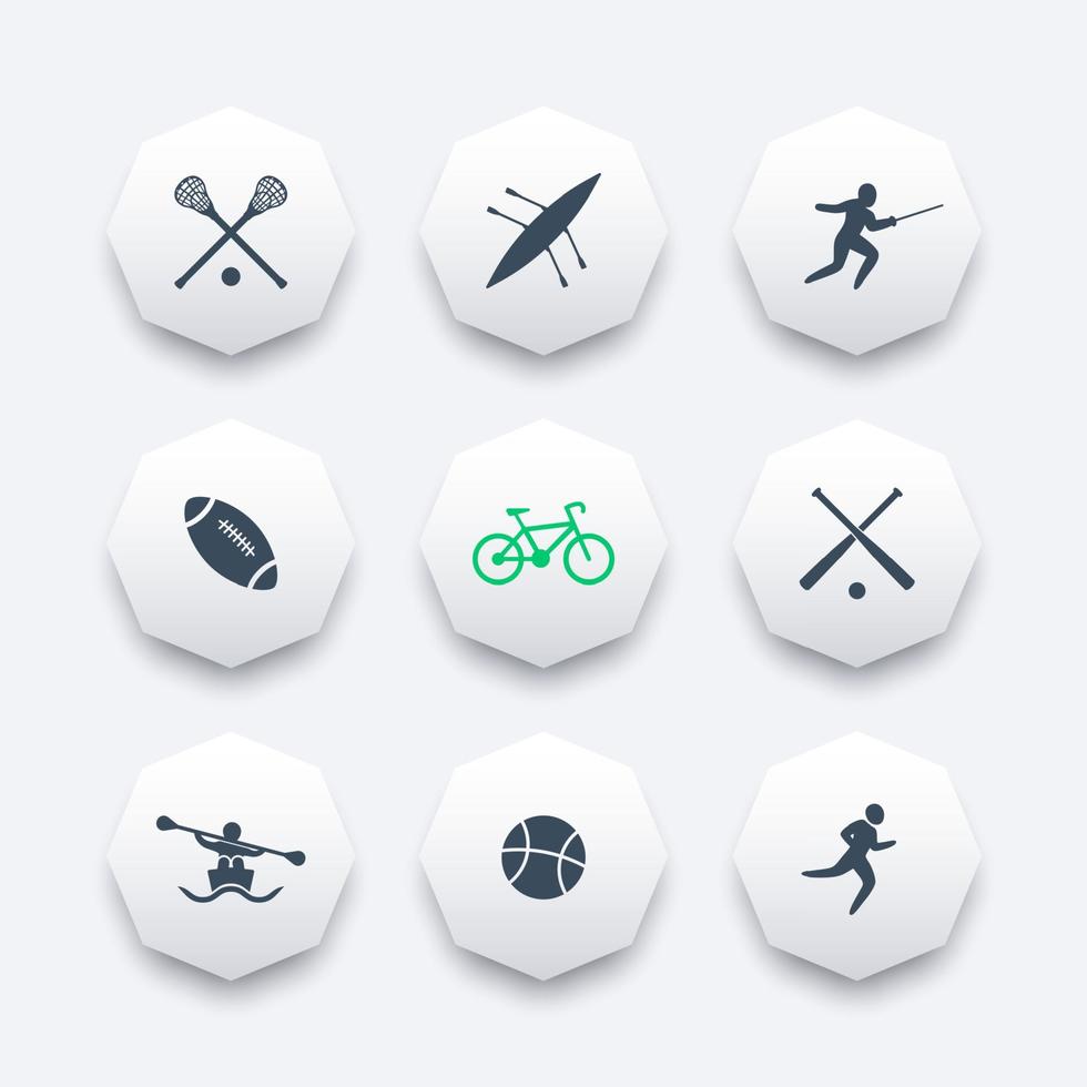 College sports octagon icons set, sports pictograms, vector illustration