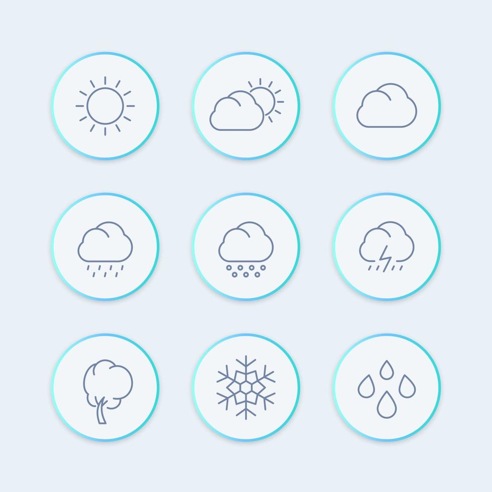 iconos de línea meteorológica, elementos de previsión meteorológica, tiempo soleado, nublado, lluvia, copo de nieve, granizo, iconos redondos de nieve, símbolos meteorológicos, vector