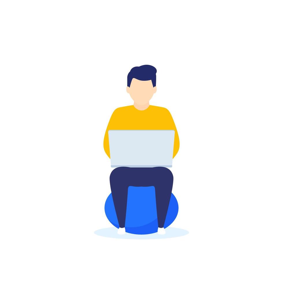 man with laptop sitting on fitball, young freelancer working, vector