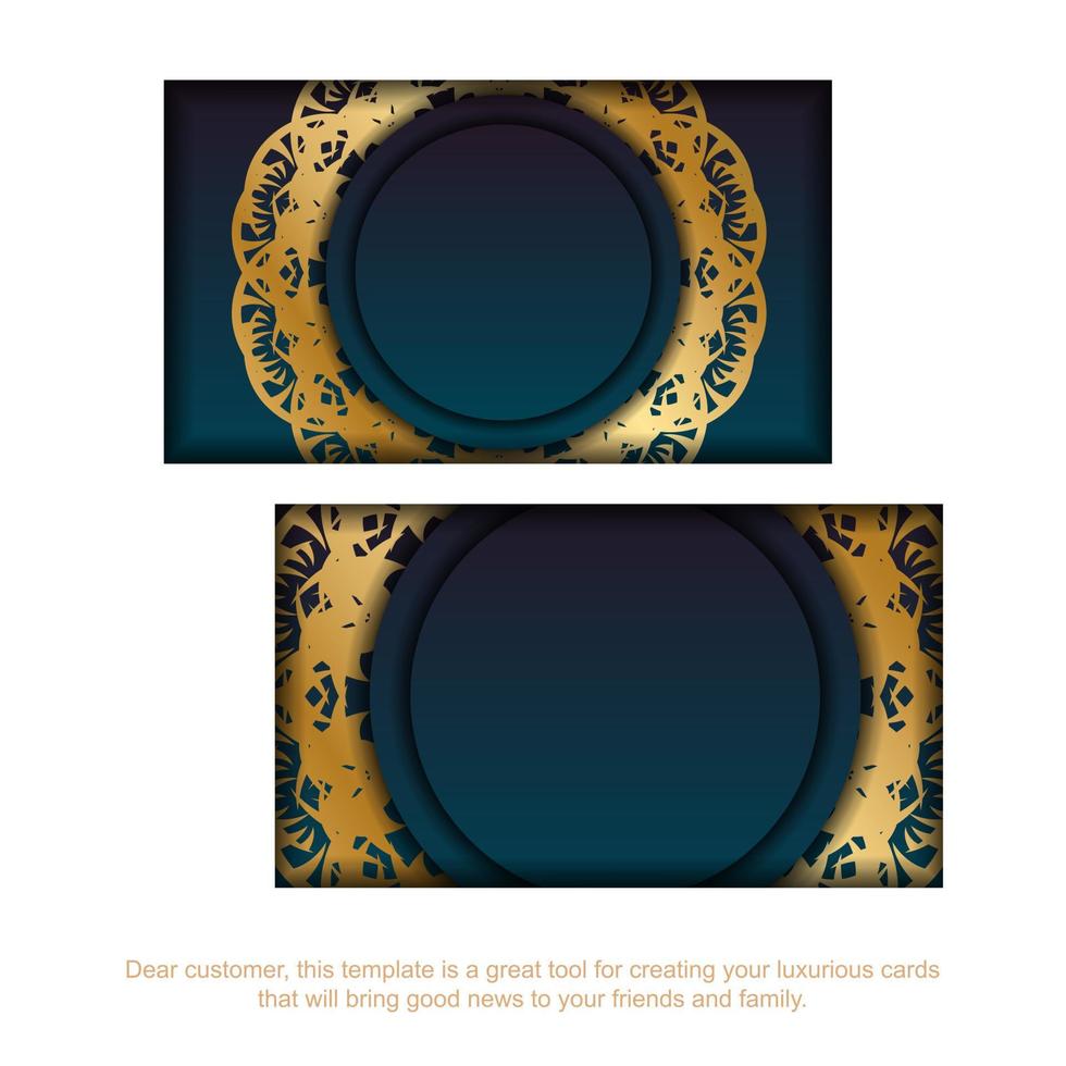 Gradient blue business card with mandala gold ornament for your business. vector