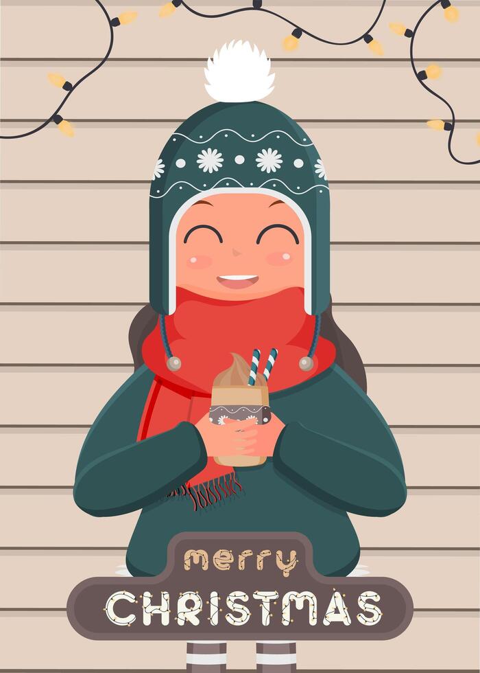 Postcard merry christmas. A girl with winter warm clothes and glasses holds a hot drink in her hands. Wooden background. Vector illustration.