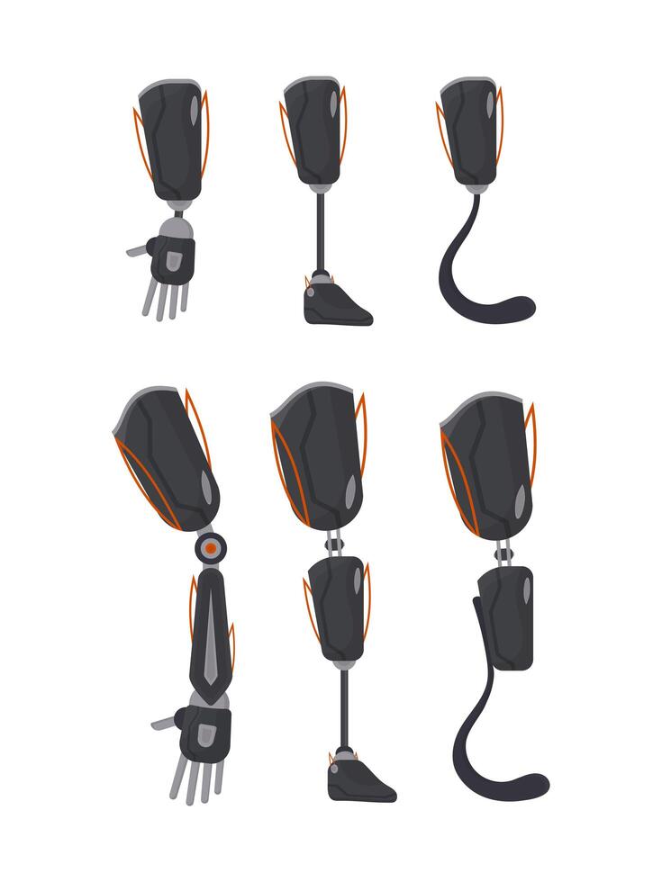 A set of prostheses for people. Hand and leg prosthesis in flat style. Vector. vector