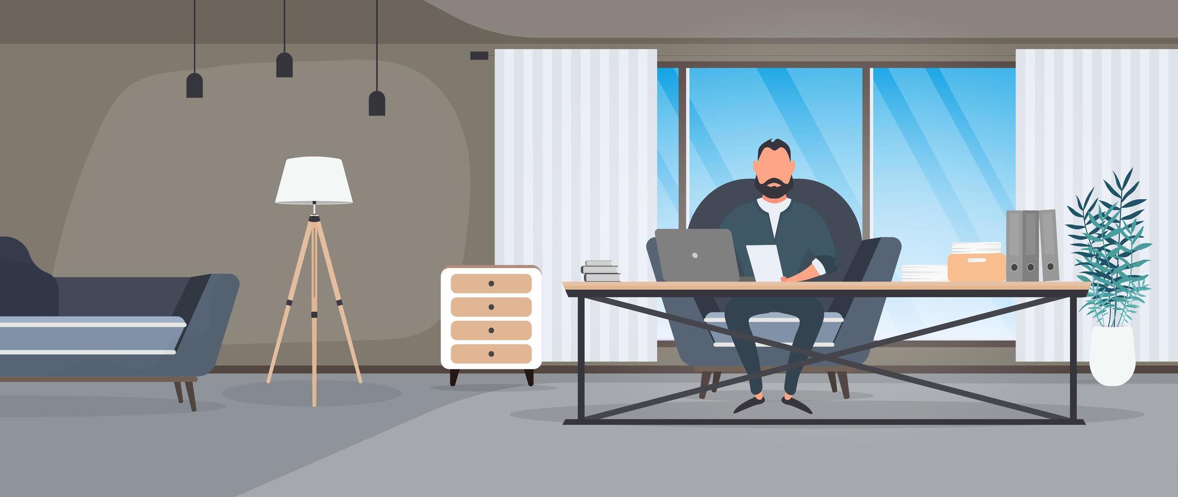 Businessman works at a laptop. Director's workplace. Laptop, documents, books, loft-style table. Isolated. Vector. vector