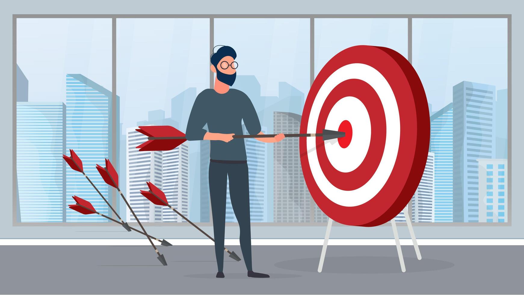 The guy is holding an arrow. The arrow hits the target. The concept of successful business, teamwork and achieving goals. Vector. vector