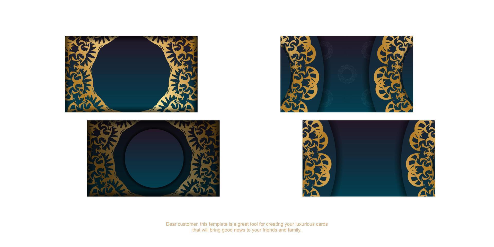 Gradient blue business card with abstract gold ornaments for your personality. vector