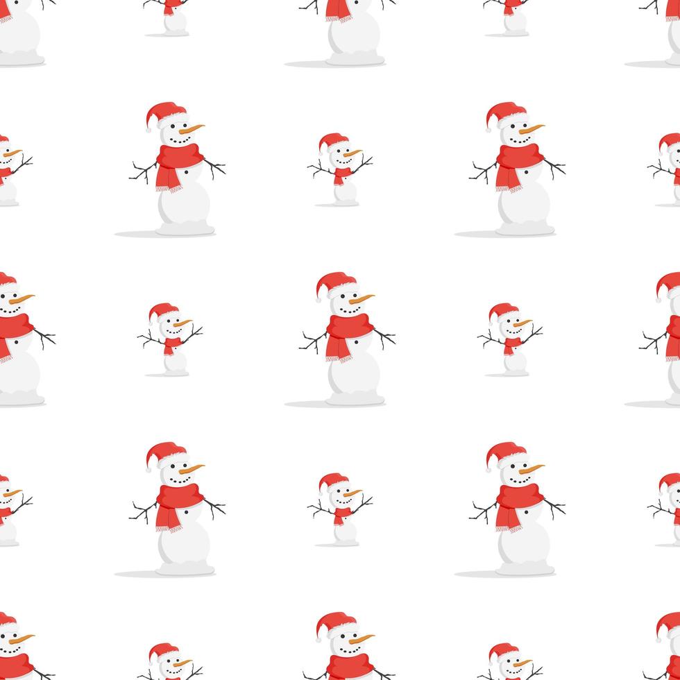 Seamless pattern with a snowman in a red hat and scarf. Suitable for postcards, books and posters. Vector illustration.