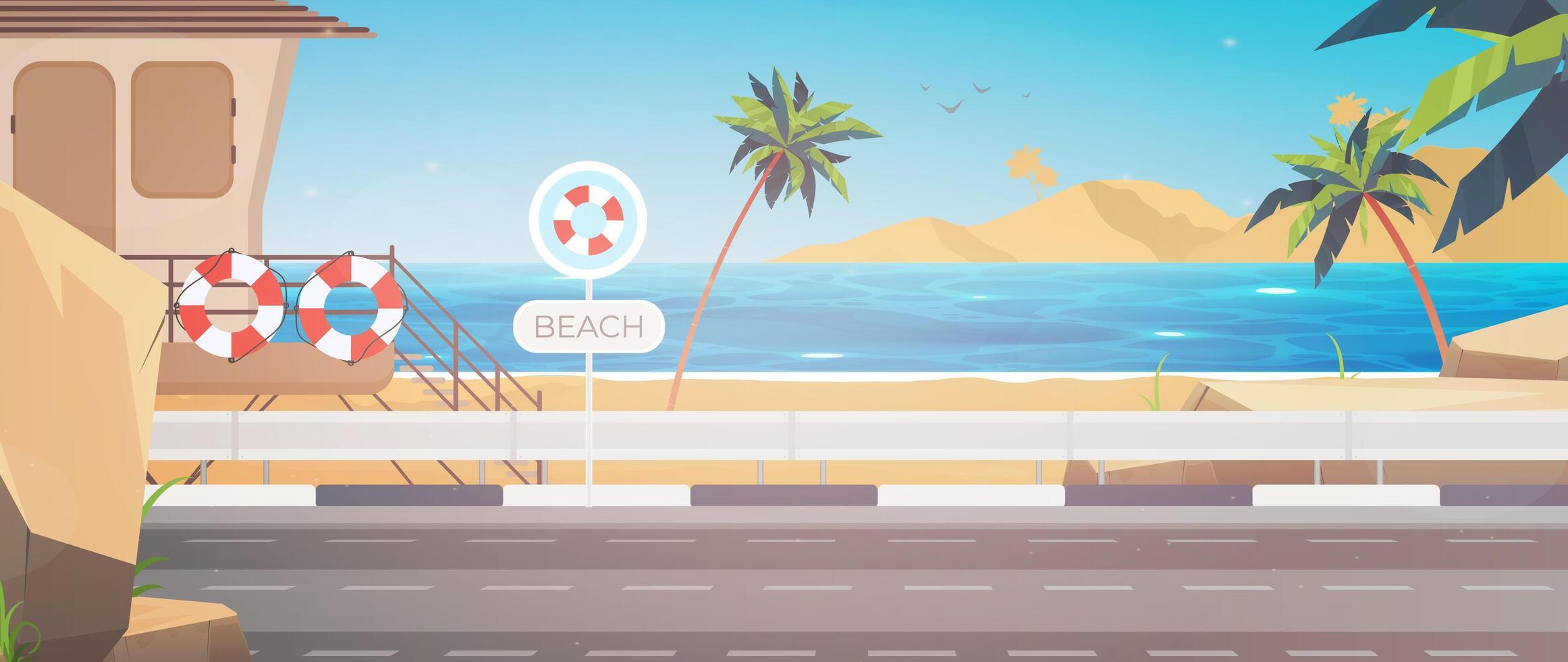 Hermoso paisaje de playa tropical junto al mar de verano con palmeras y silueta vector