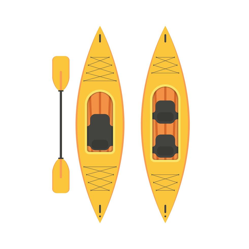 Single and double kayaks with double paddles. Top view of a canoe for fishing and tourism. Vector, cartoon. vector