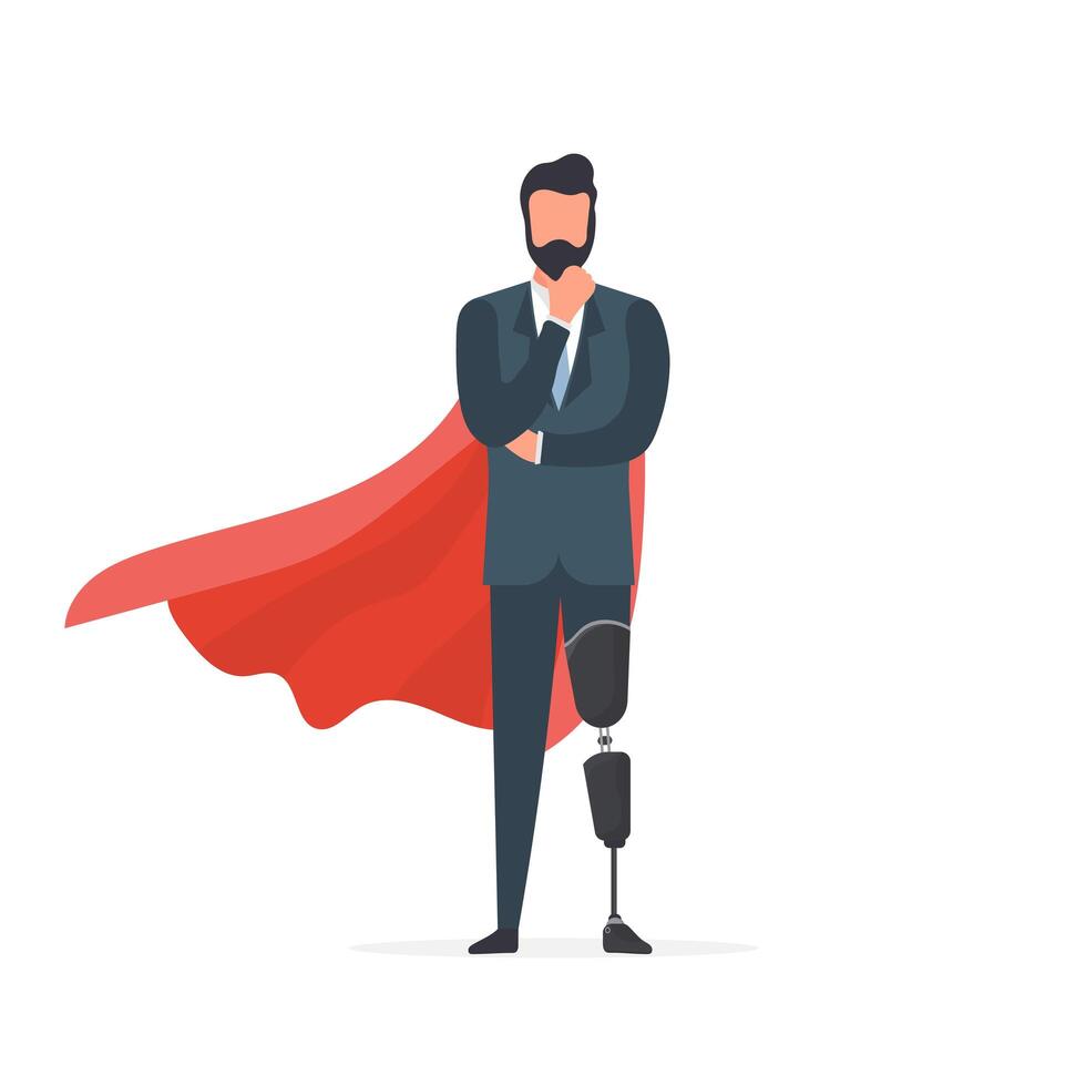 A man with a prosthetic leg in a business suit and a red cloak. Guy with a leg implant. The concept of human recovery through robotization. . vector