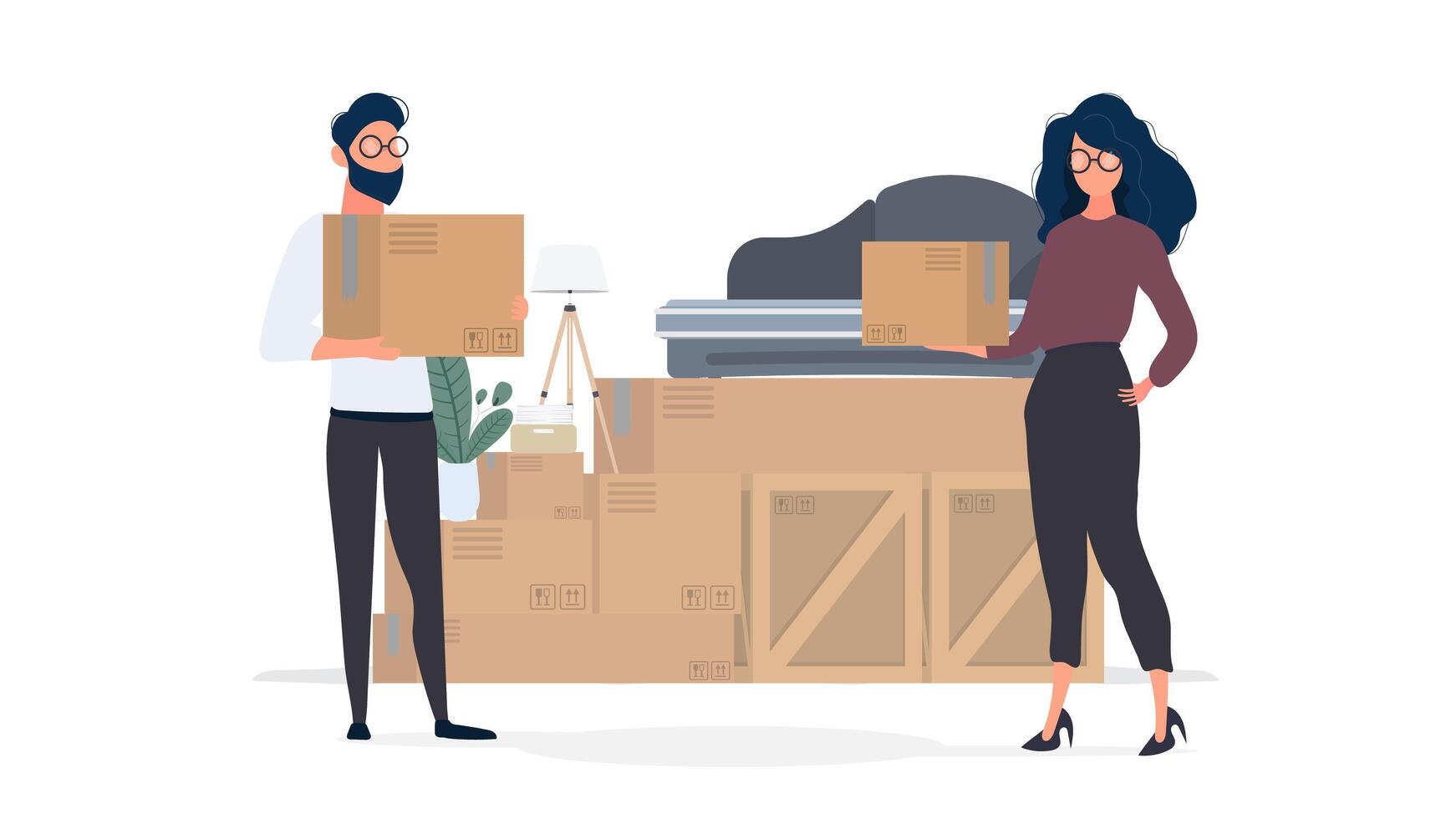 The guy and the girl are holding paper boxes in their hands. Large boxes, sofa. The concept of moving, changing housing, buying an apartment or moving an office. Isolated. Vector. vector