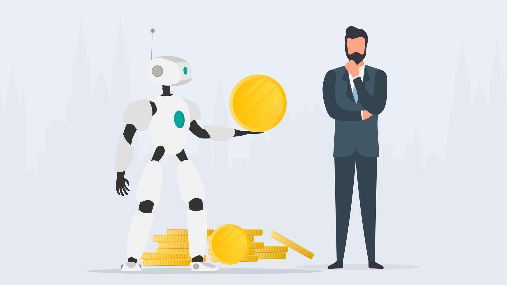 The robot gives a gold coin to a businessman. The robot brings profit to the business. The concept of earnings, profit and wealth. Vector. vector