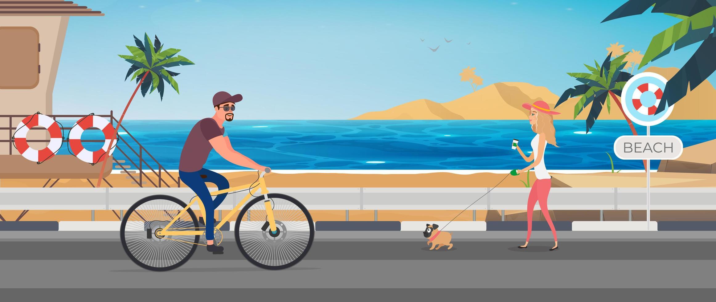 Guy in bicycle helmet on bike. Male character with tourist backpack rides on beach in autumn vector