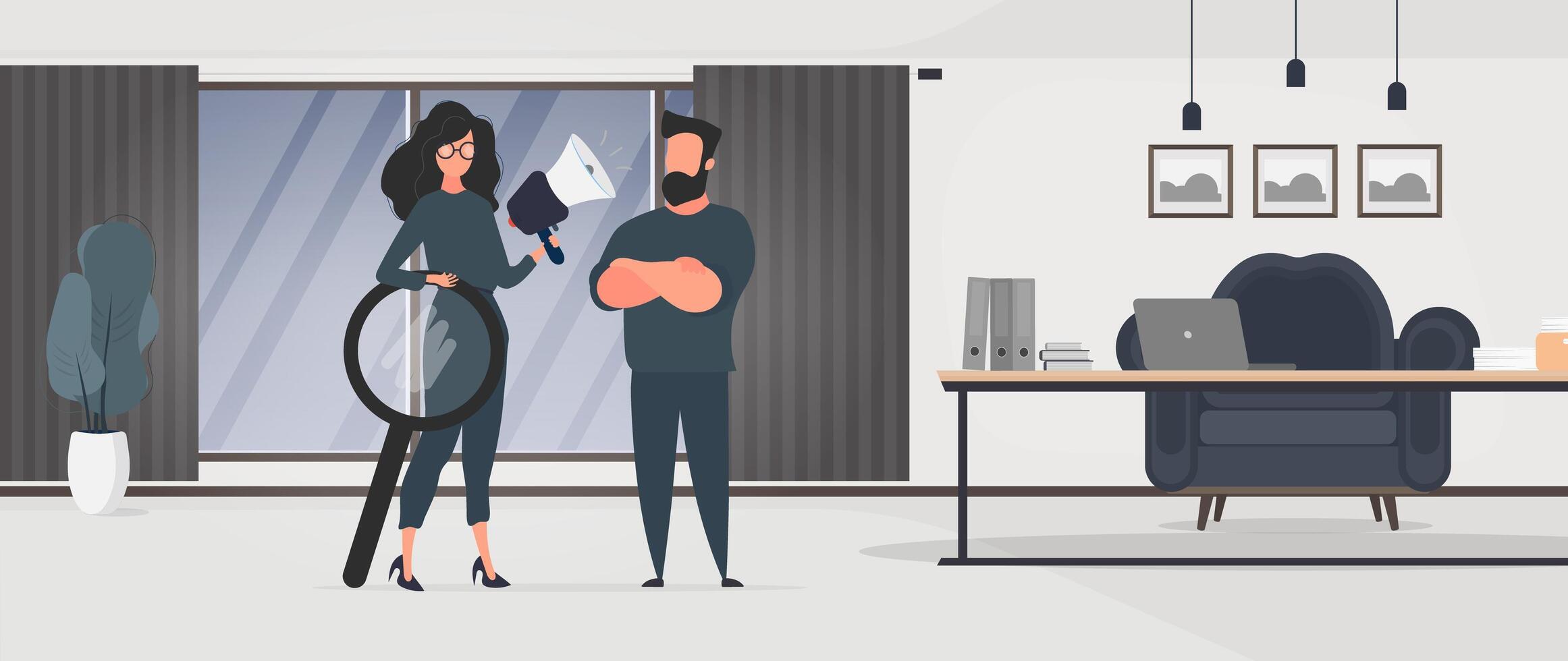 Specialists in finding and hiring people for work. The girl is holding a shout. Strong man. HR concept. Vector. vector