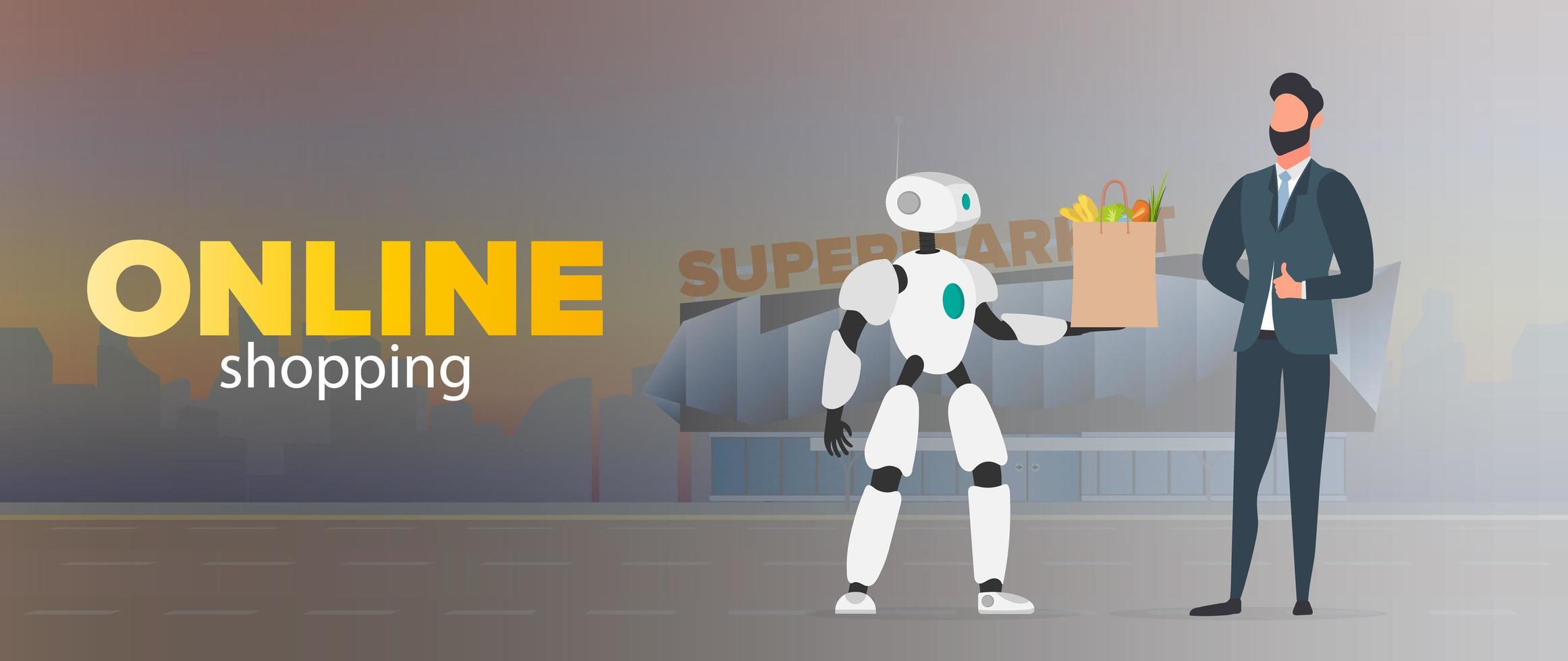 Online shopping banner. The robot is holding a bag with groceries. Food delivery by robots. Businessman shows thumb up. Future delivery concept. Vector. vector