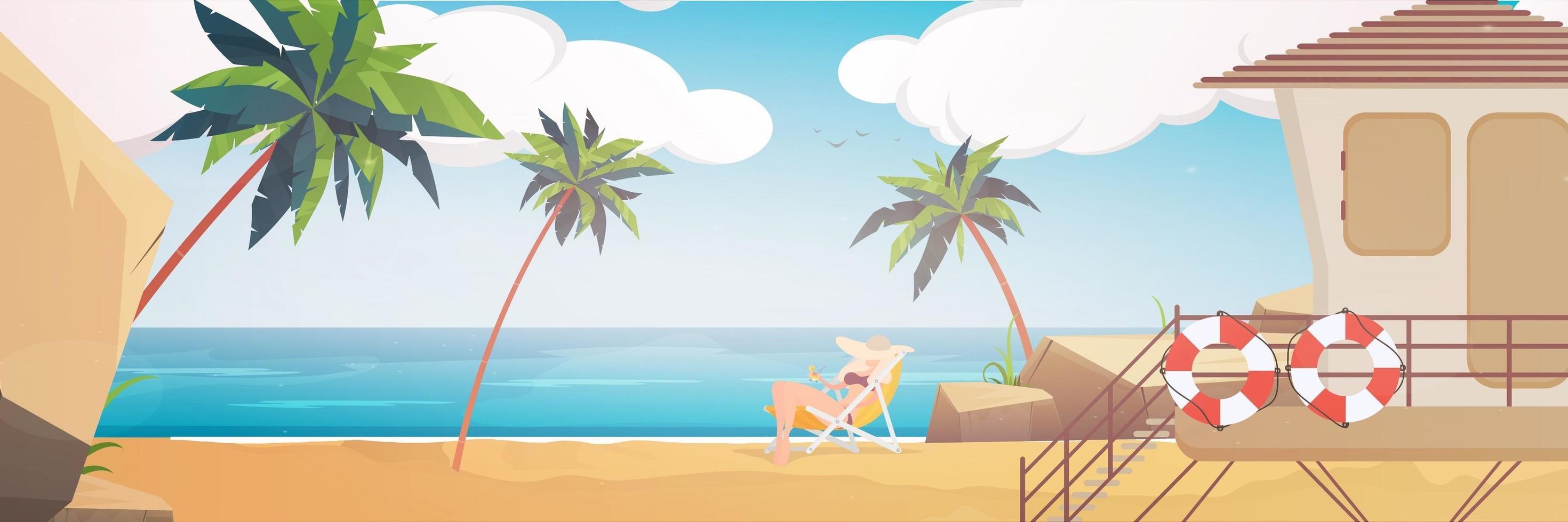 Hermoso paisaje de playa tropical junto al mar de verano con palmeras y silueta montañas banner horizontal vector