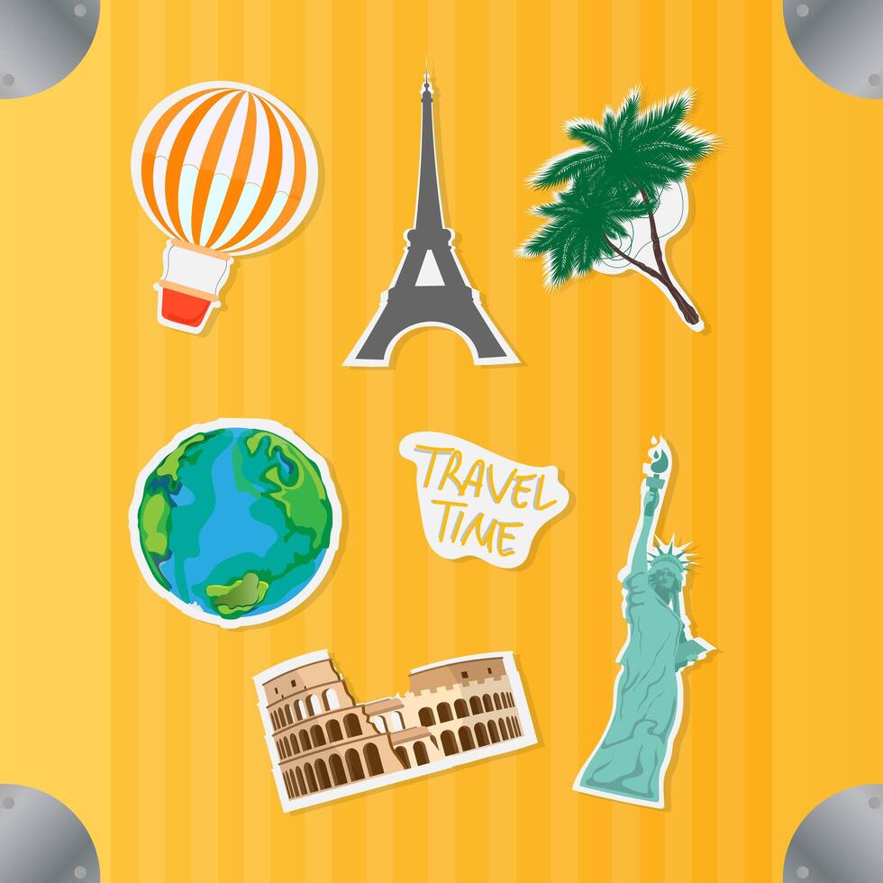 Yellow suitcase with stickers of world attractions. Summer vector illustration