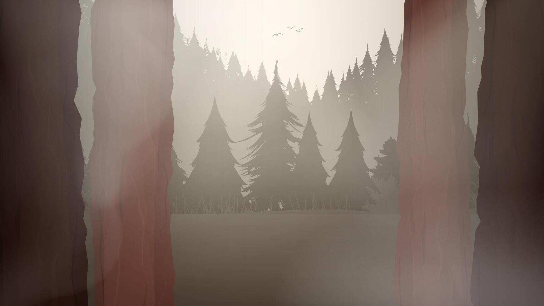 A forest scene with trees and fog vector
