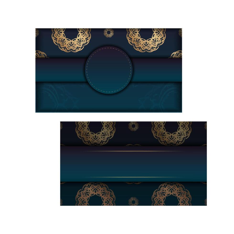 Gradient blue business card with vintage gold pattern for your personality. vector