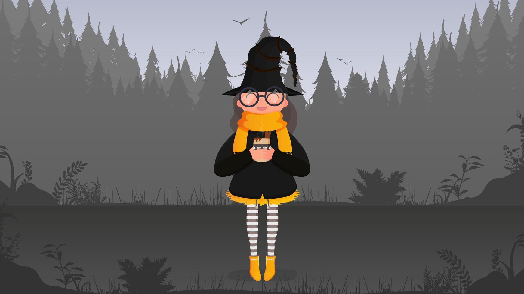 A cute witch with mulled wine is standing in the forest. Girl in black suit and hat holding a cup with hot drink. Halloween concept. Vector. vector